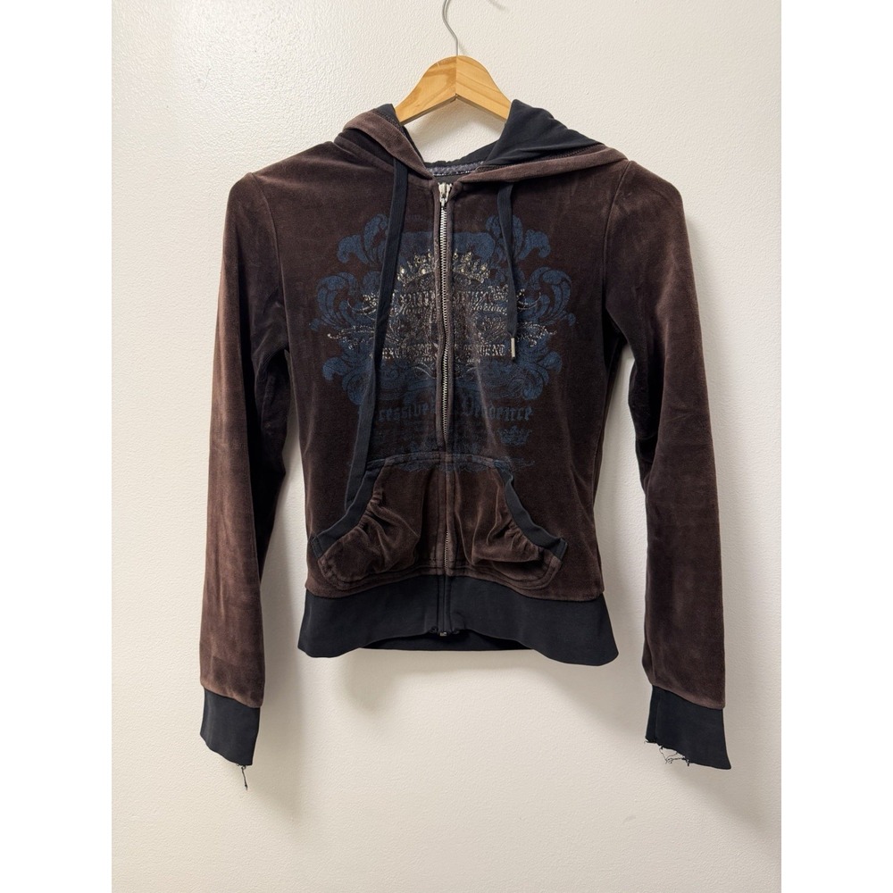 Express Y2K Velour Zip Up Hoodie Jacket Brown Embellished Rhinestone XS